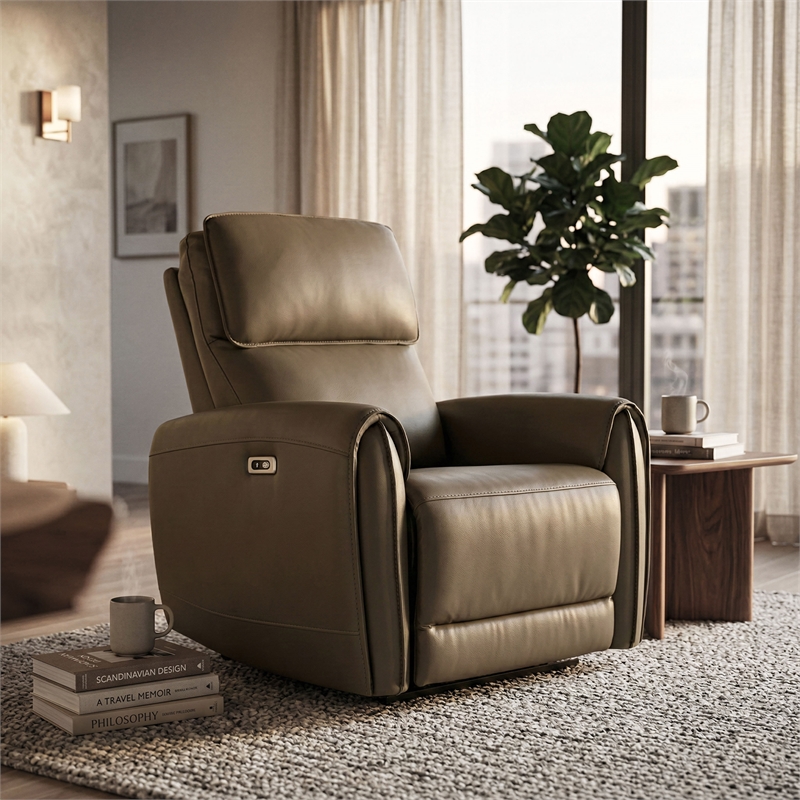 Furniture of America Alipark Faux Leather Power Recliner in Light Brown
