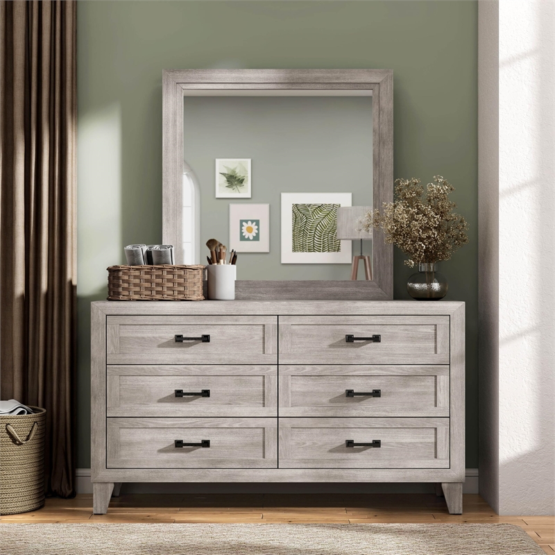 FOA Junile 2-Piece 6-Drawer Wood Dresser and Mirror Set in Washed White