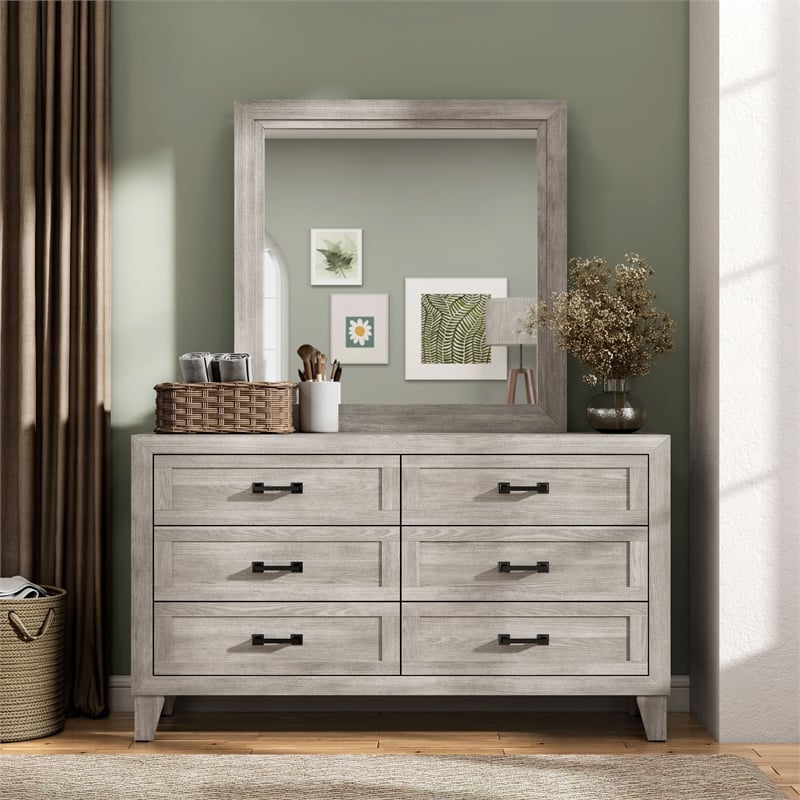 FOA Junile 2-Piece 6-Drawer Wood Dresser and Mirror Set in Washed White