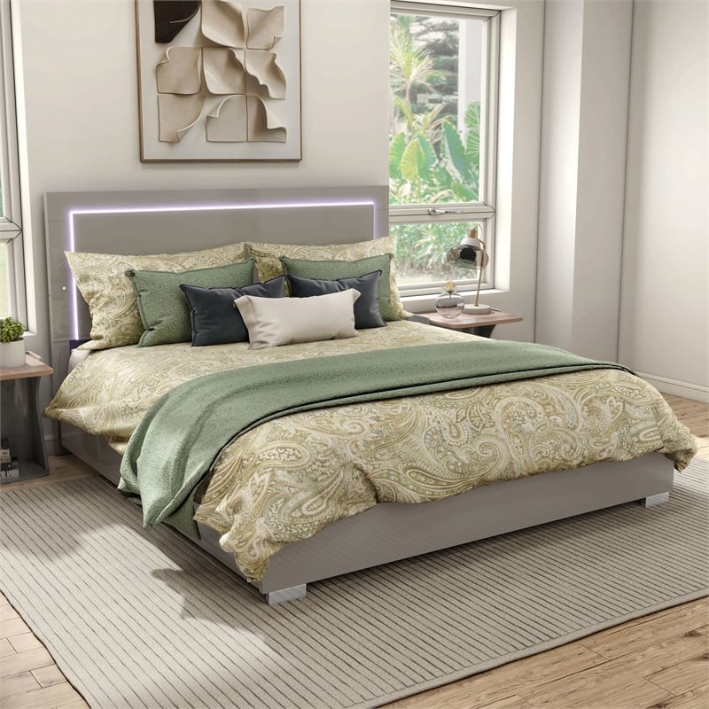 Furniture of America Ventrack LED Light Wood Eastern King Bed in Light Taupe