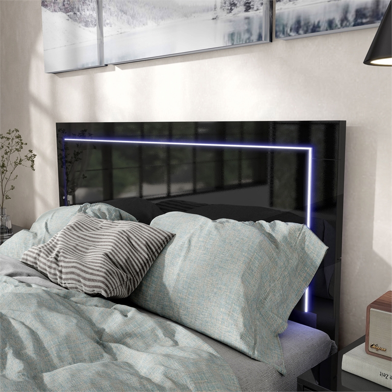 Furniture of America Ventrack LED Light Wood Queen Bed in Piano Black