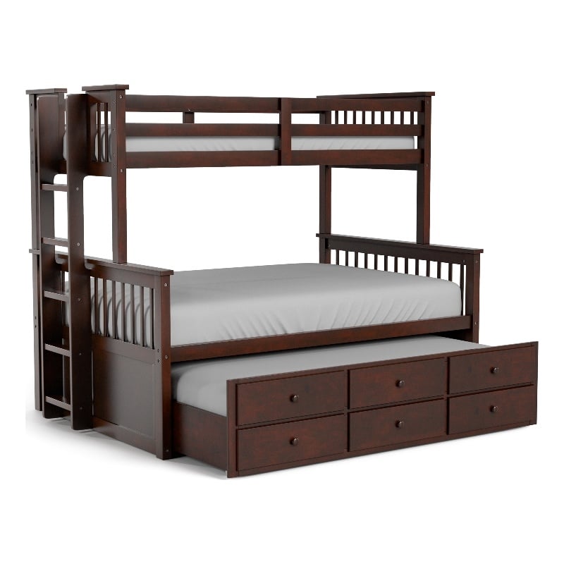 FOA Hammon Wood Twin over Full Bunk Bed with Trundle and Drawers in Dark Walnut