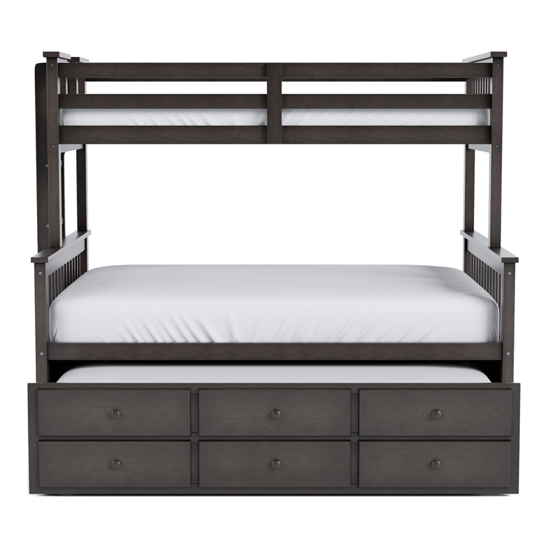 FOA Hammon Wood Twin over Full Bunk Bed with Trundle and Drawers in Stain Gray