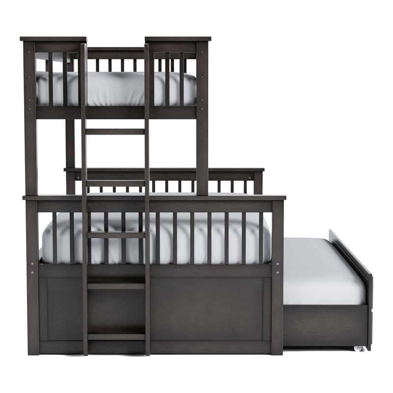 FOA Hammon Wood Twin over Full Bunk Bed with Trundle and Drawers in Stain Gray