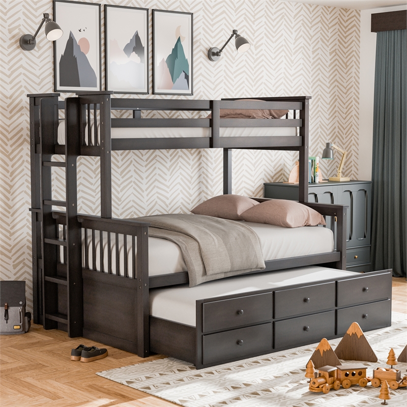 FOA Hammon Wood Twin over Full Bunk Bed with Trundle and Drawers in Stain Gray