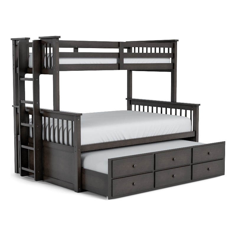 FOA Hammon Wood Twin over Full Bunk Bed with Trundle and Drawers in Stain Gray