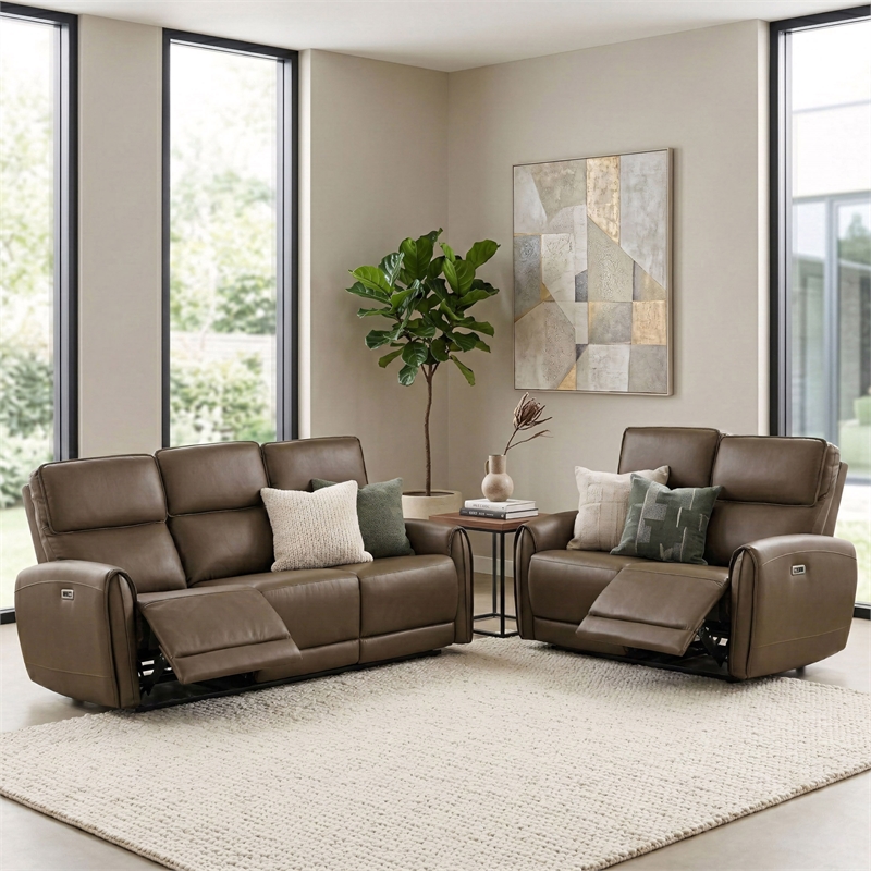 Furniture of America Alipark 2-Piece Faux Leather Power Sofa Set in Light Brown