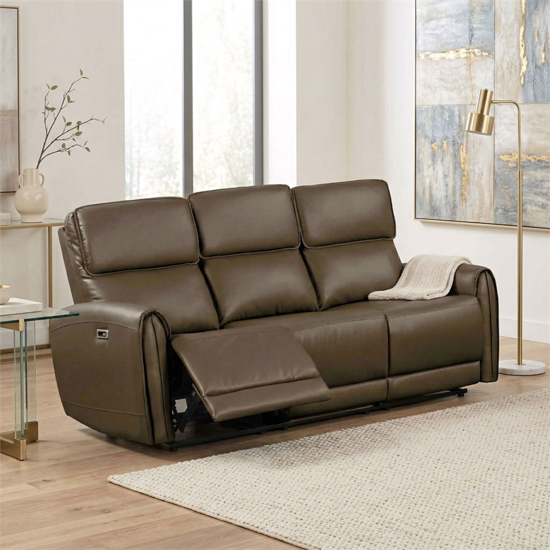 Furniture of America Alipark Faux Leather Power Sofa with USBs in Light Brown