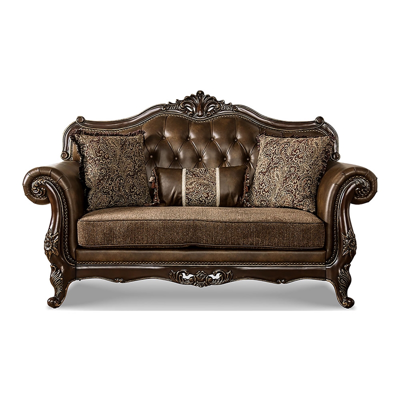 Furniture of America Innes Faux Leather Tufted Loveseat in Dark Cherry and Brown