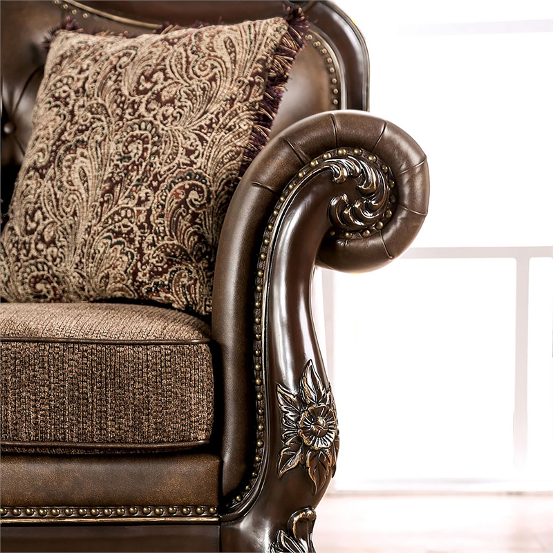 Furniture of America Innes Faux Leather Tufted Loveseat in Dark Cherry and Brown