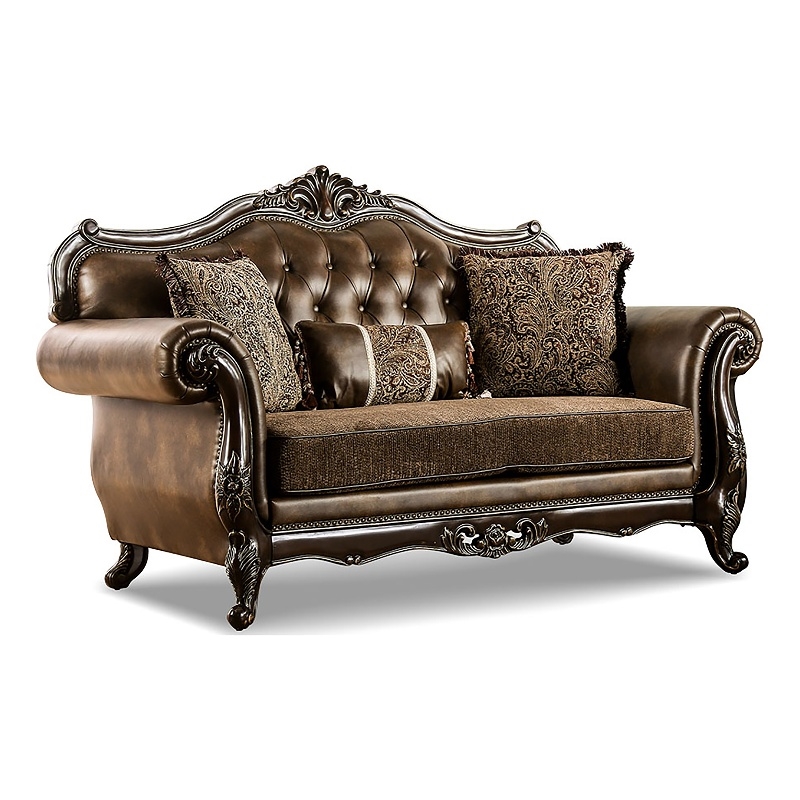 Furniture of America Innes Faux Leather Tufted Loveseat in Dark Cherry and Brown