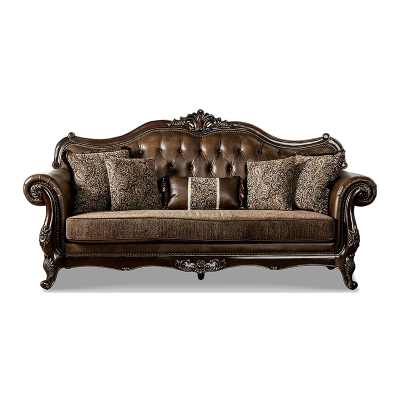 Furniture of America Innes Faux Leather Tufted Sofa in Dark Cherry and Brown