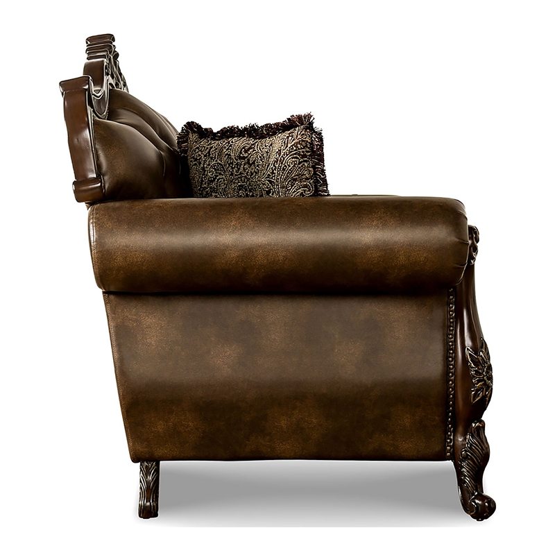 Furniture of America Innes Faux Leather Tufted Sofa in Dark Cherry and Brown