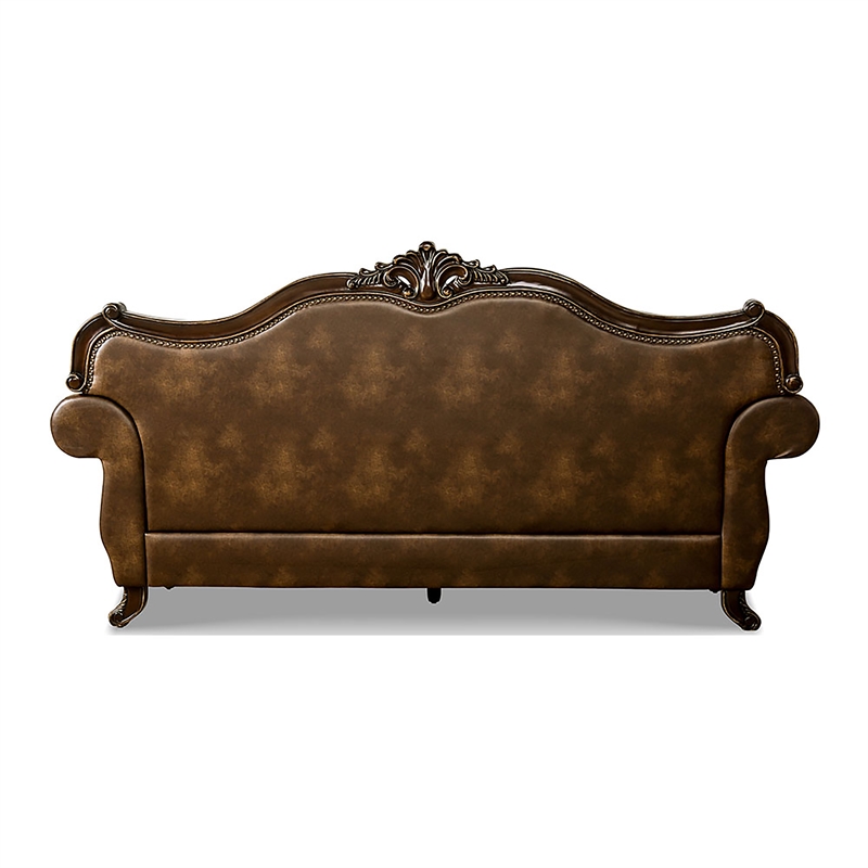Furniture of America Innes Faux Leather Tufted Sofa in Dark Cherry and Brown