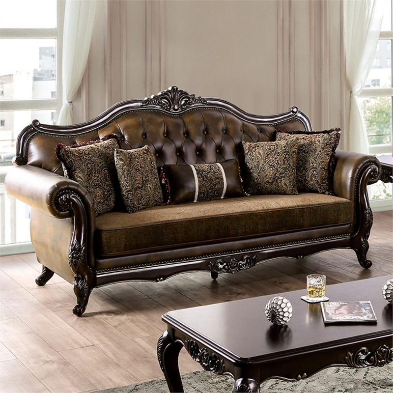 Furniture of America Innes Faux Leather Tufted Sofa in Dark Cherry and Brown