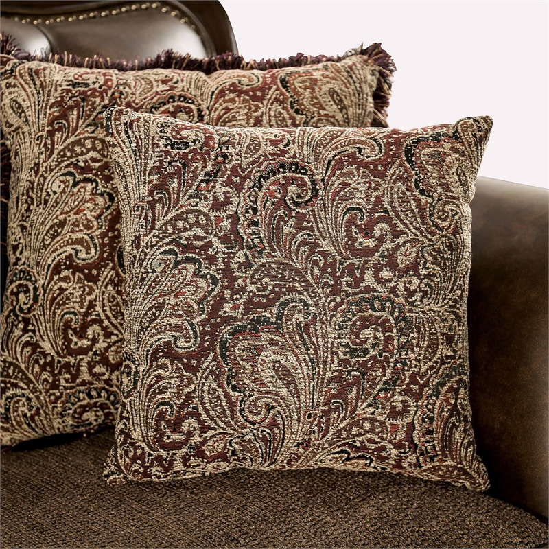 Furniture of America Innes Faux Leather Tufted Sofa in Dark Cherry and Brown