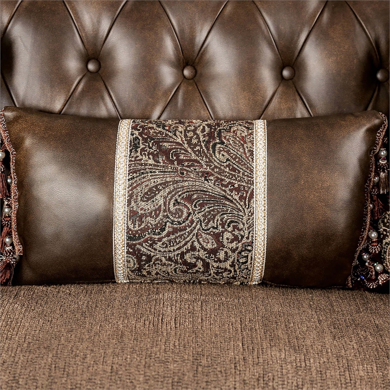 Furniture of America Innes Faux Leather Tufted Sofa in Dark Cherry and Brown