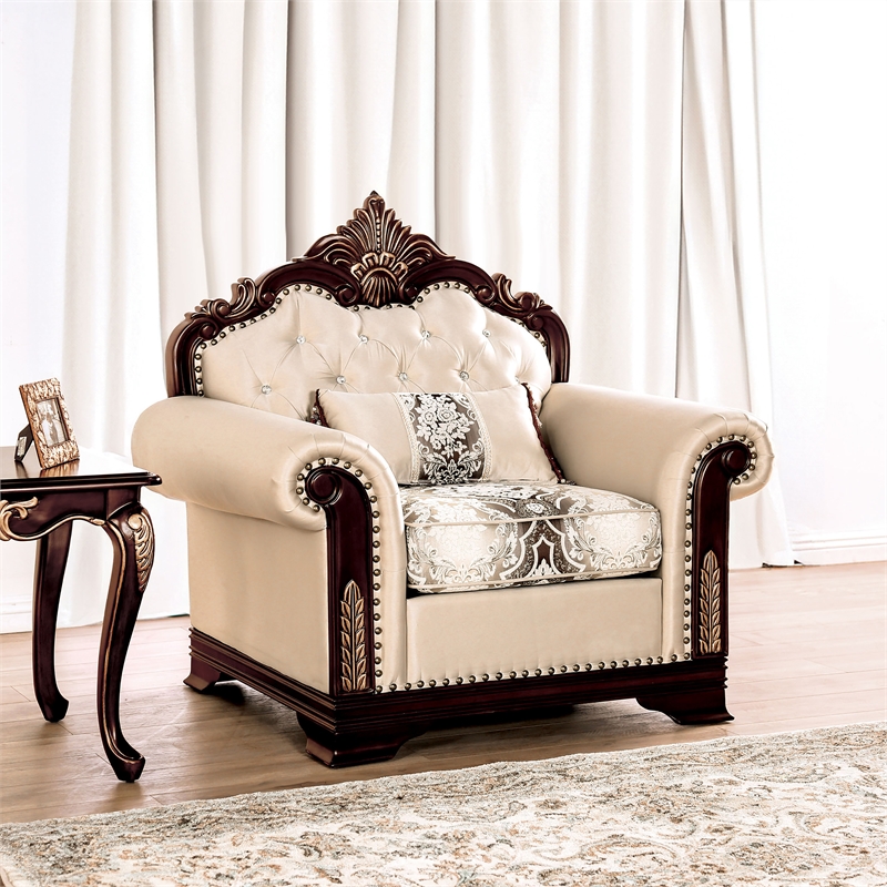 Furniture of America Watley Fabric Tufted and Nailhead Arm Chair in Beige