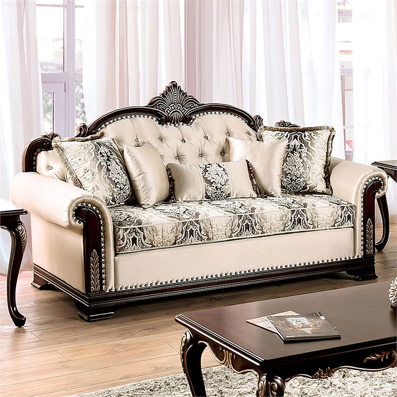 Furniture of America Watley Fabric Tufted and Nailhead Sofa in Beige