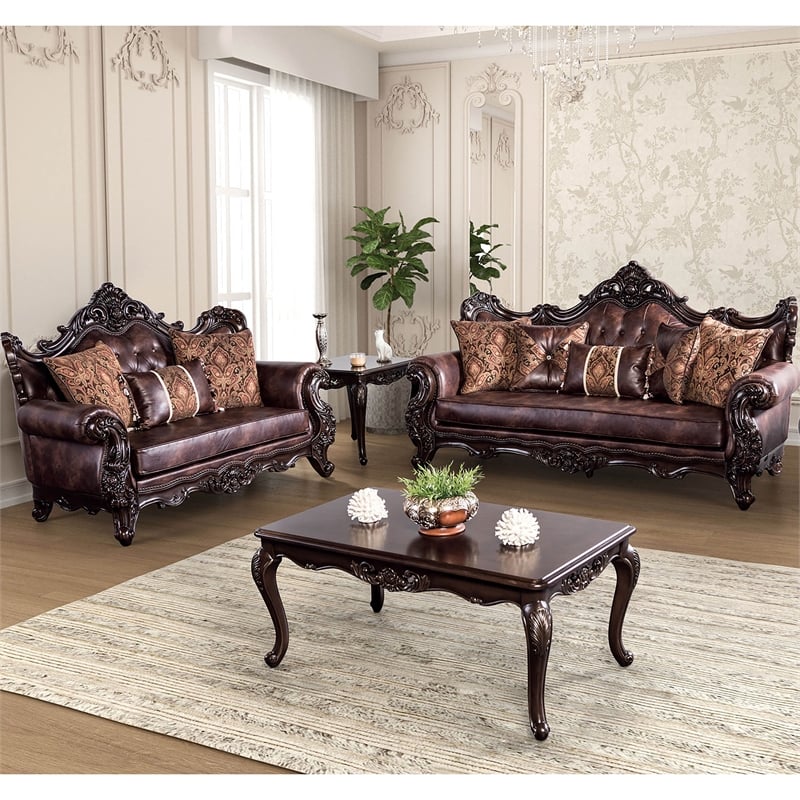 Furniture of America Coppen 2-Piece Faux Leather Tufted Sofa Set in Light Brown