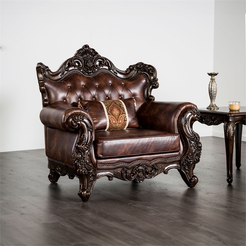 Furniture of America Coppen Faux Leather Tufted Arm Chair in Light Brown