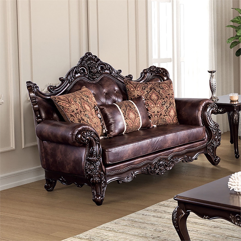 Furniture of America Coppen Faux Leather Tufted Loveseat in Light Brown
