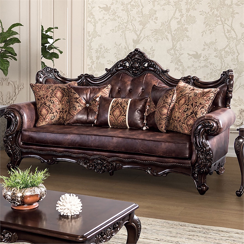 Furniture of America Coppen Faux Leather Tufted Sofa in Light Brown