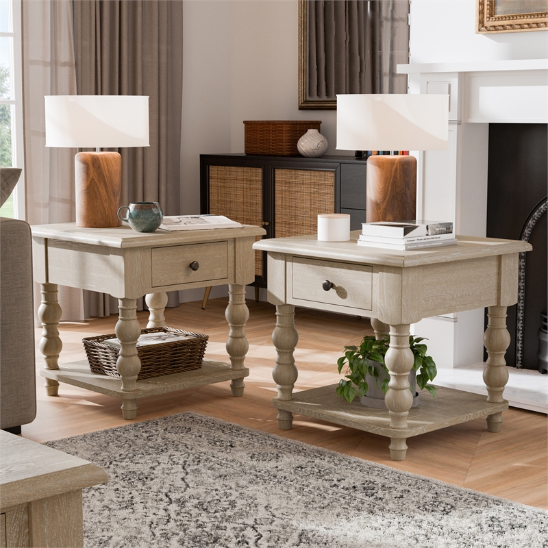 Furniture of America Lesla Wood End Table in Light Washed White (Set of 2)