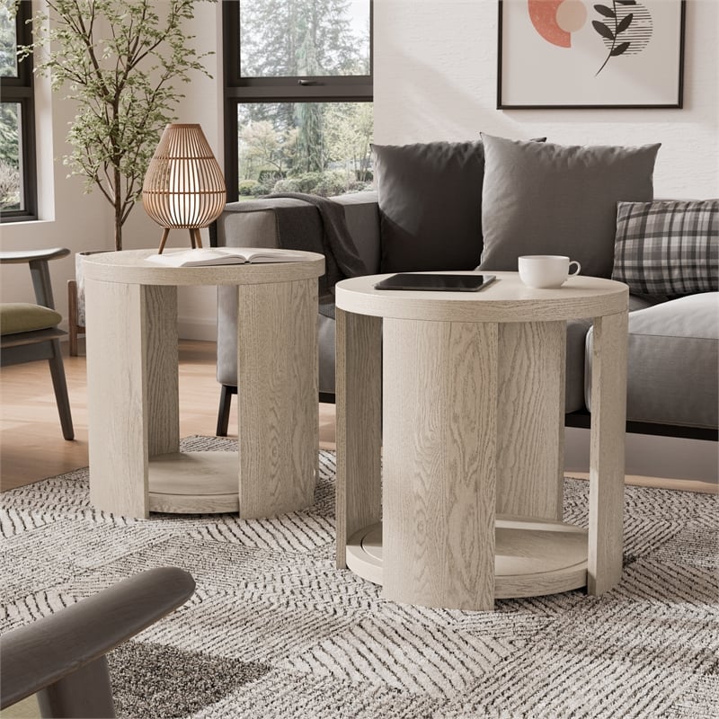 Furniture of America Kurick Wood 1-Shelf Round End Table in Oak (Set of 2)