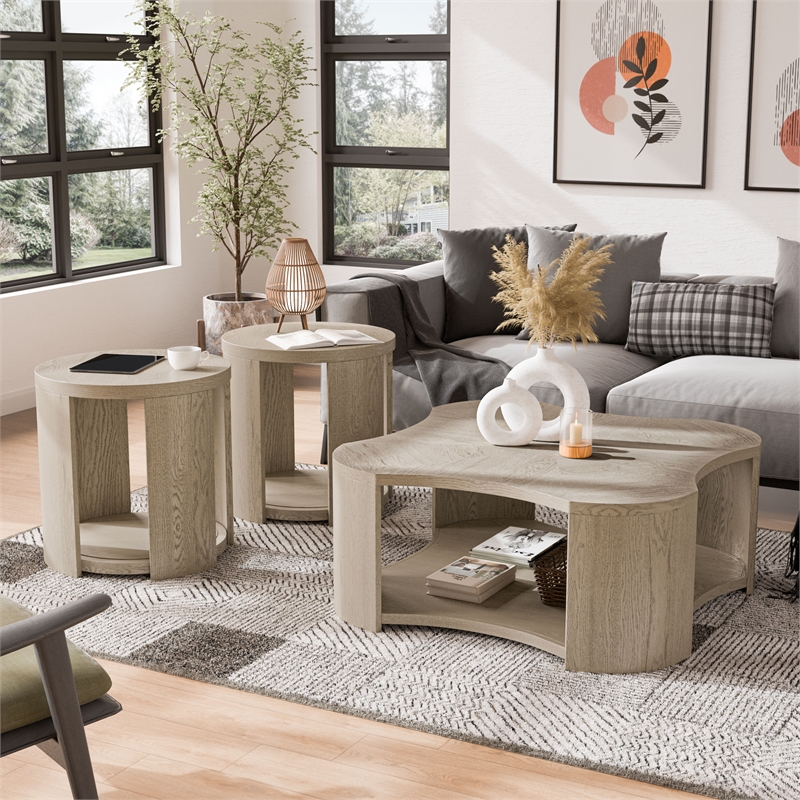 Furniture of America Kurick 3-Piece Wood Coffee Table Set in Oak