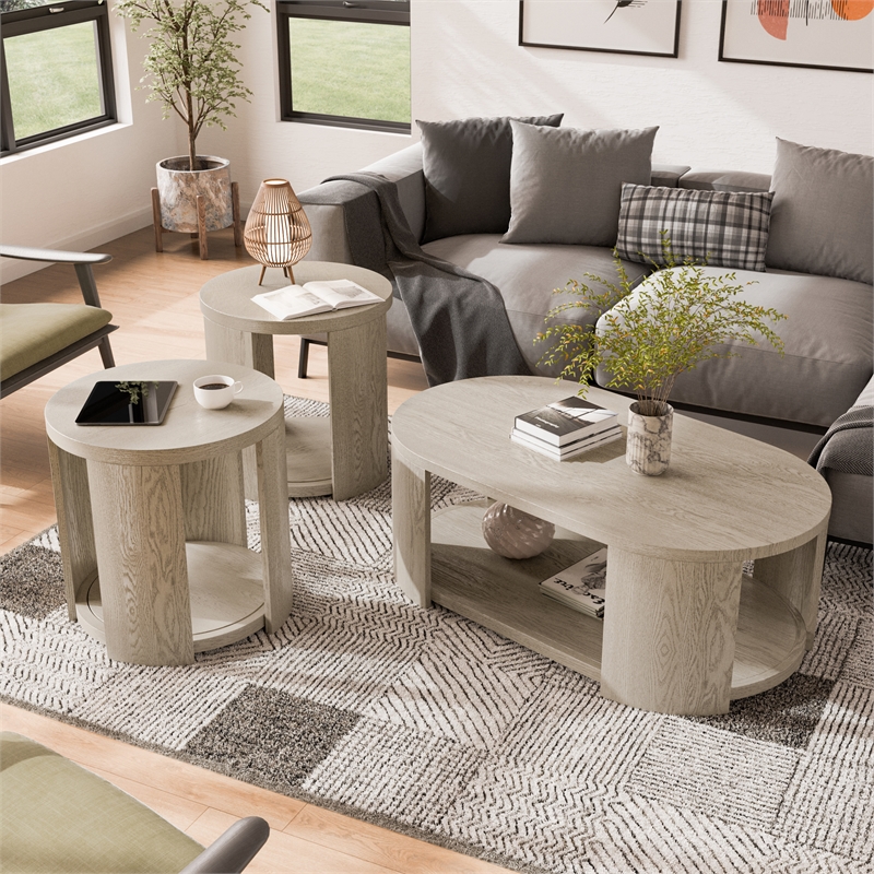 Furniture of America Kurick 3-Piece Wood Oval Cocktail Table Set in Oak