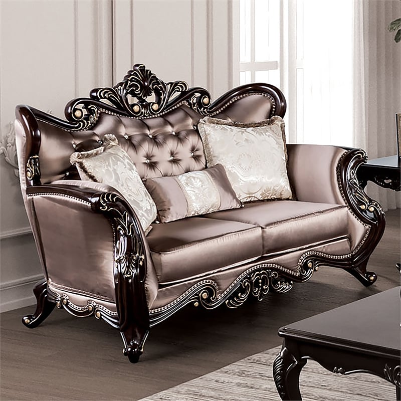 Furniture of America Haggen Velvet Tufted and Nailhead Loveseat in Brown