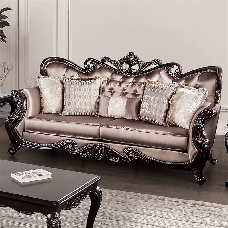 Furniture of America Haggen Velvet Tufted and Nailhead Sofa in Brown
