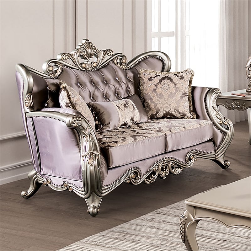 Furniture of America Haggen Velvet Tufted and Nailhead Loveseat in Purple