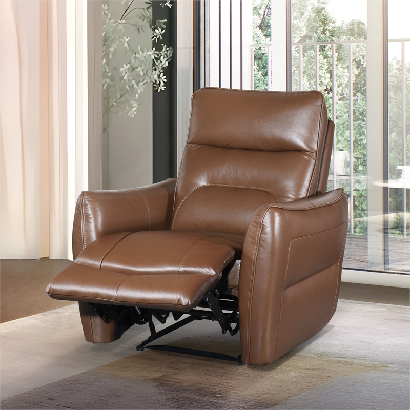 Furniture of America Dansworth Leather Power Recliner in Caramel Brown