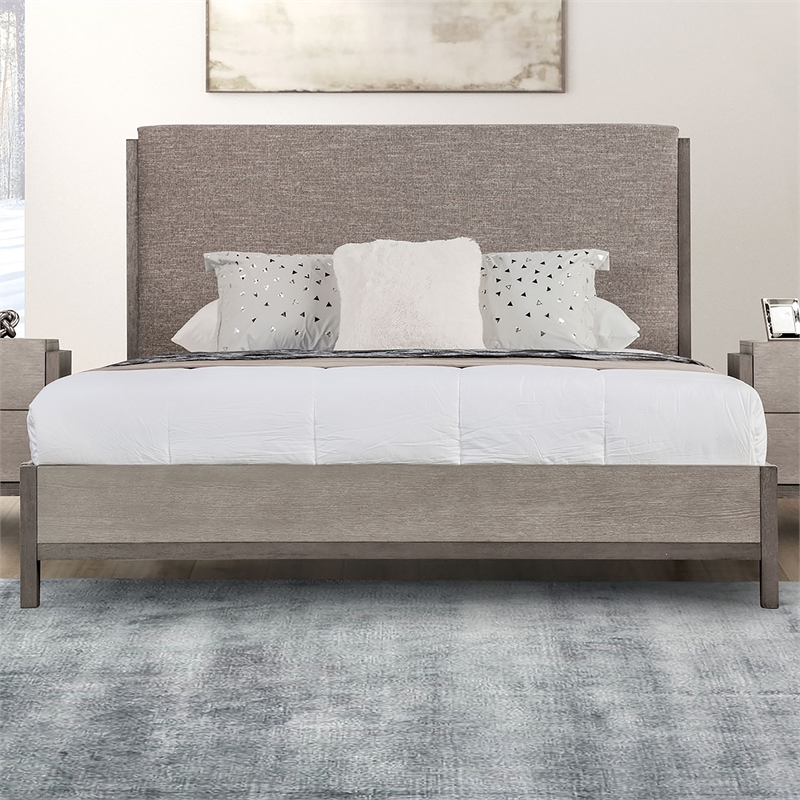 Furniture of America Yasgard Solid Wood Padded Headboard Queen Bed in Gray