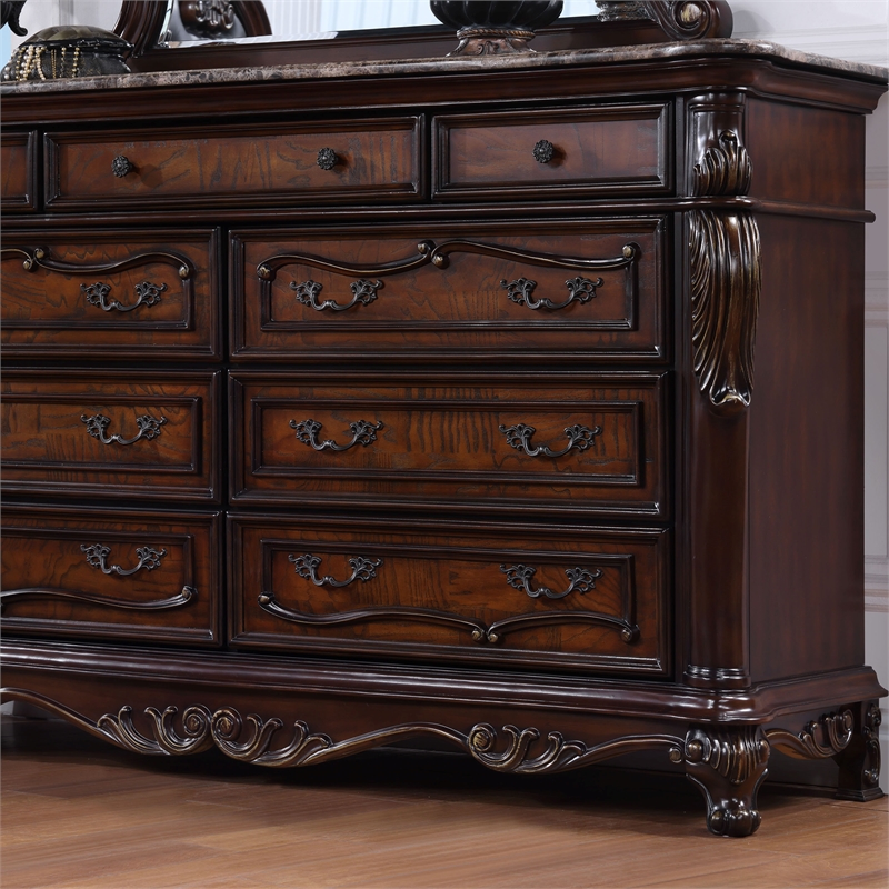 FOA Elloise 2-Piece 9-Drawer Solid Wood Dresser and Mirror Set in Dark Cherry