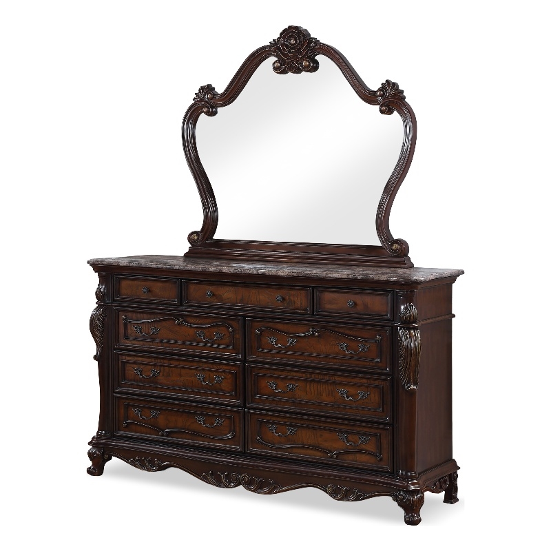 FOA Elloise 2-Piece 9-Drawer Solid Wood Dresser and Mirror Set in Dark Cherry