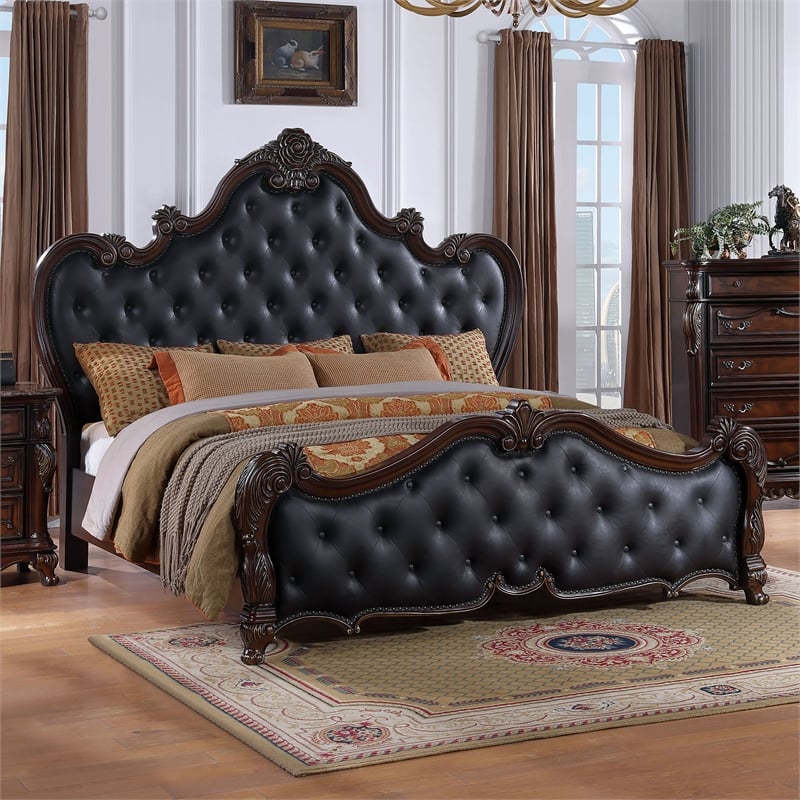 Furniture of America Elloise Tufted Faux Leather Eastern King Bed in Dark Cherry