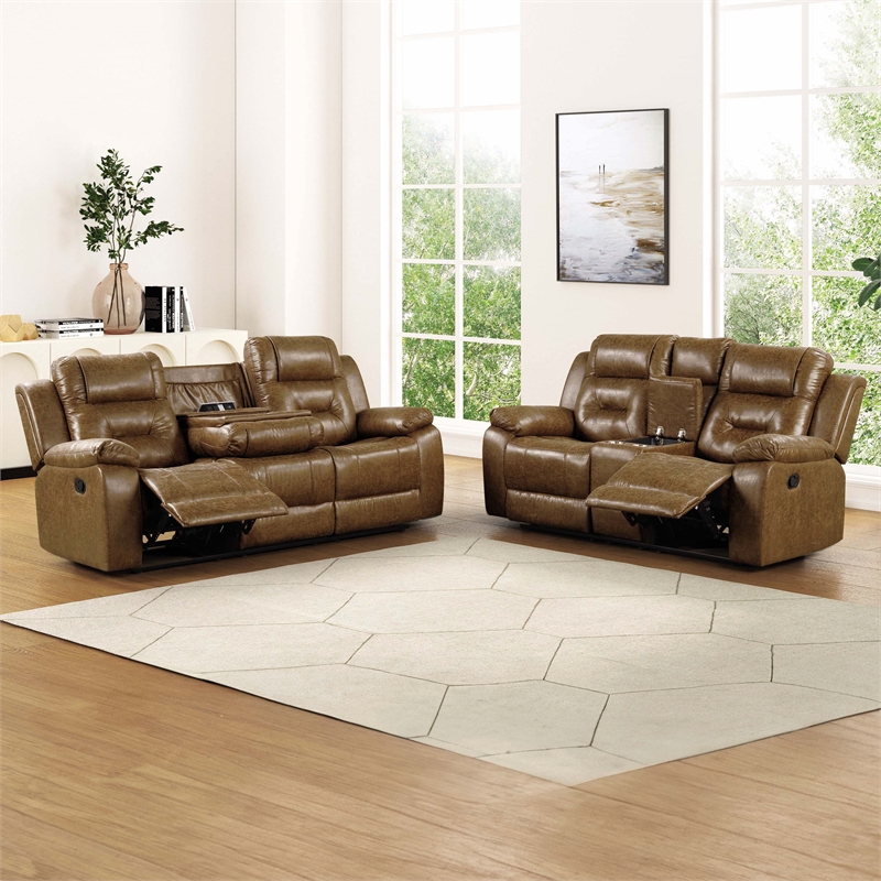 Furniture of America Ranshell 2-Piece Faux Leather Sofa Set in Brown
