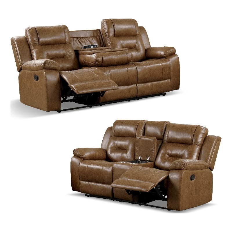 Furniture of America Ranshell 2-Piece Faux Leather Sofa Set in Brown