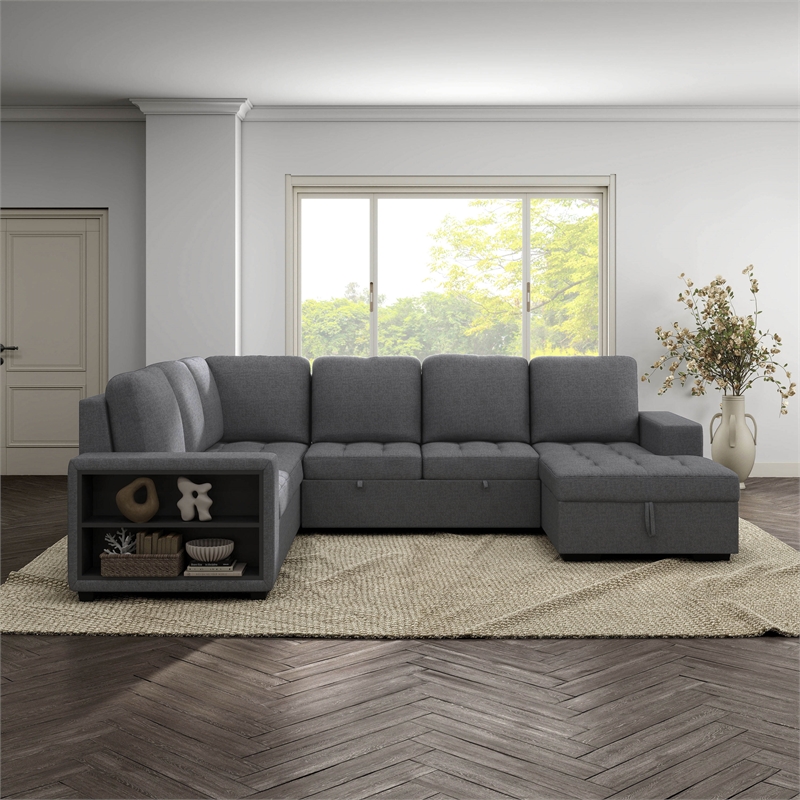 Furniture of America Plemith Fabric Storage Sectional with USBs in Dark Gray