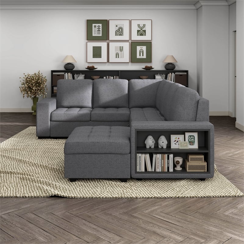 Furniture of America Plemith Fabric Storage Sectional with USBs in Dark Gray