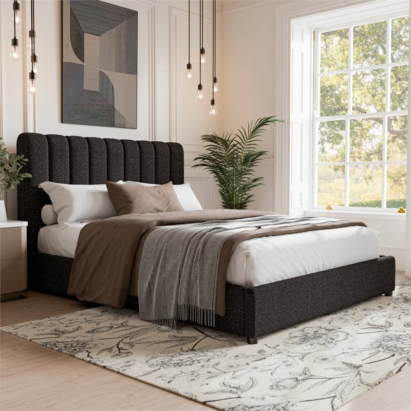 Furniture of America Garret Upholstered Boucle Fabric Queen Bed in Black