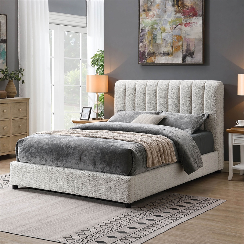 Furniture of America Garret Upholstered Boucle Fabric Eastern King Bed in White
