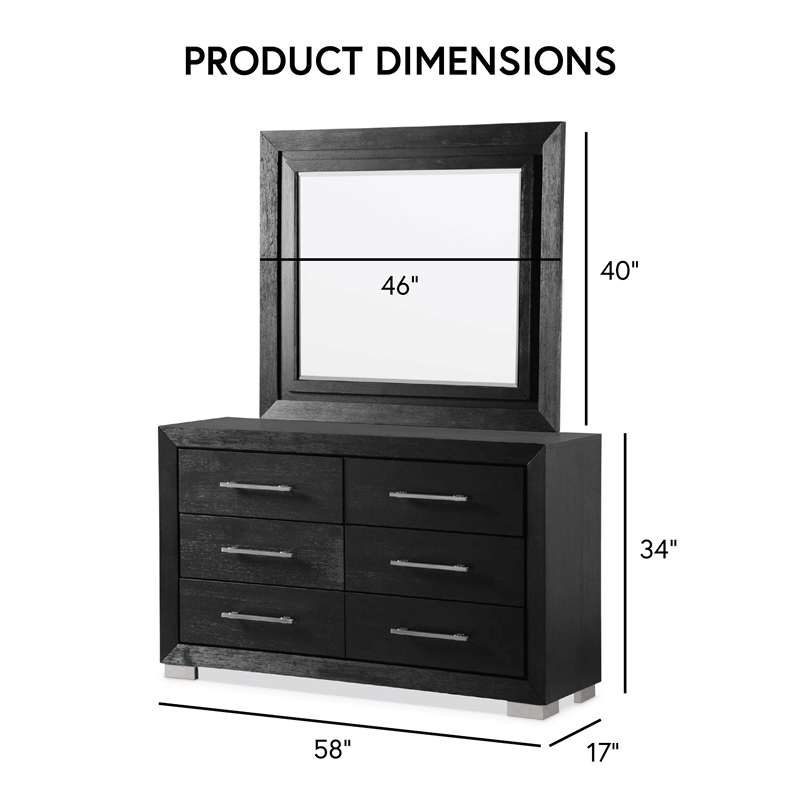 FOA Loomier 2-Piece 6-Drawer Solid Wood Dresser and Mirror Set in Black