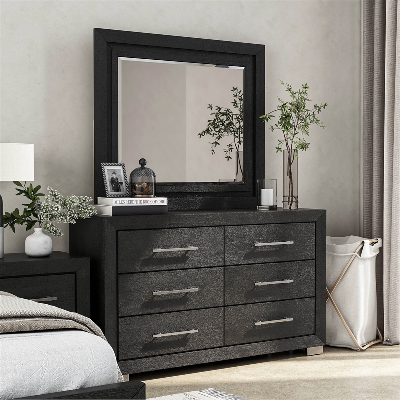 FOA Loomier 2-Piece 6-Drawer Solid Wood Dresser and Mirror Set in Black