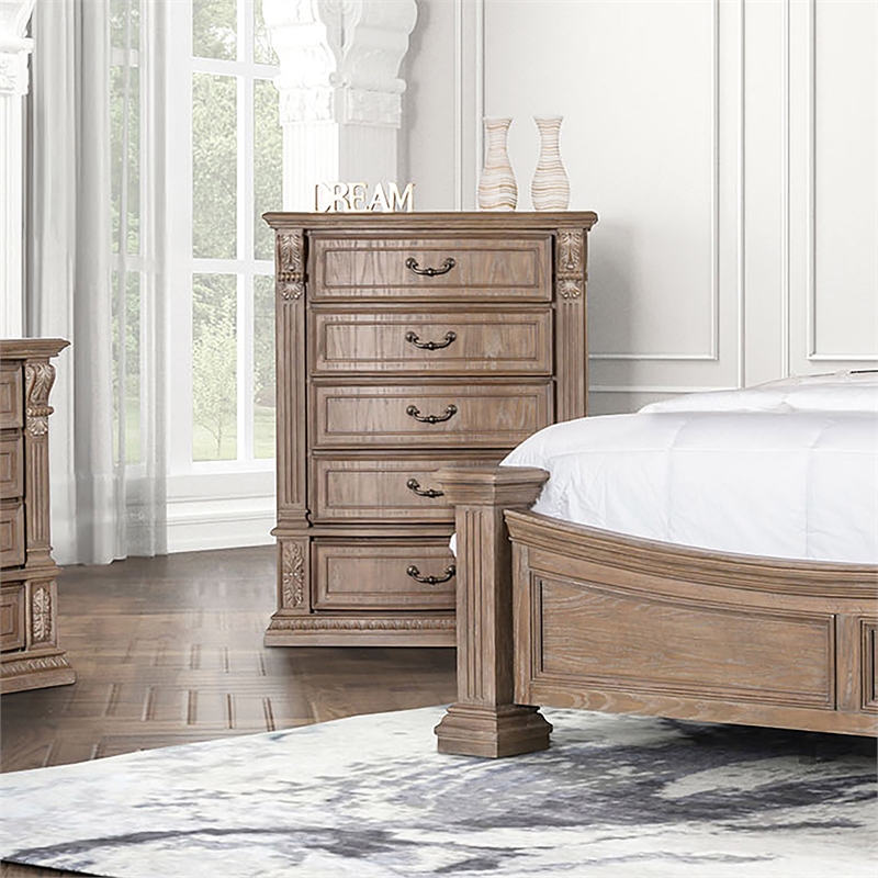 Furniture of America Ashlen 5-Drawer Wood Chest in Weathered Oak
