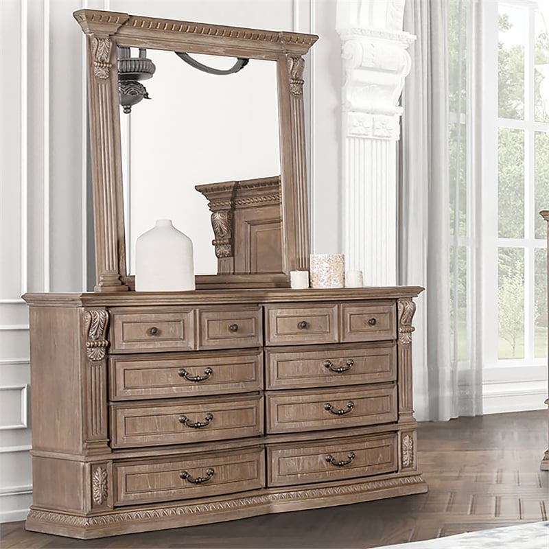 FOA Ashlen 2-Piece 8-Drawer Wood Dresser and Mirror Set in Weathered Oak