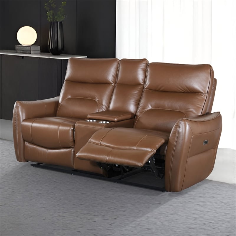 Furniture of America Dansworth Leather Storage Power Loveseat in Caramel Brown